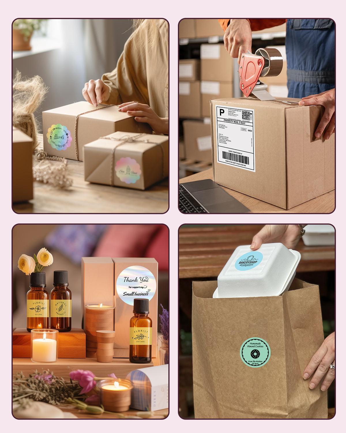 Collage of packaging and shipping boxes with colorful thermal labels for small businesses