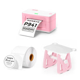 Pink thermal label printer kit with label rolls and pink label holder for shipping labels