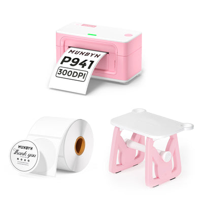 Pink thermal label printer kit with label rolls and pink label holder for shipping labels