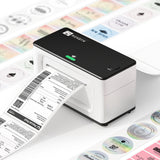 Compact thermal label printer printing a shipping label, surrounded by colorful sticker labels