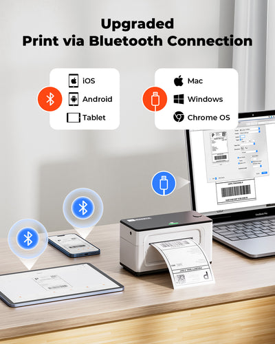 Thermal label printer printing shipping labels, connected to laptop, tablet, and phone via Bluetooth and USB.