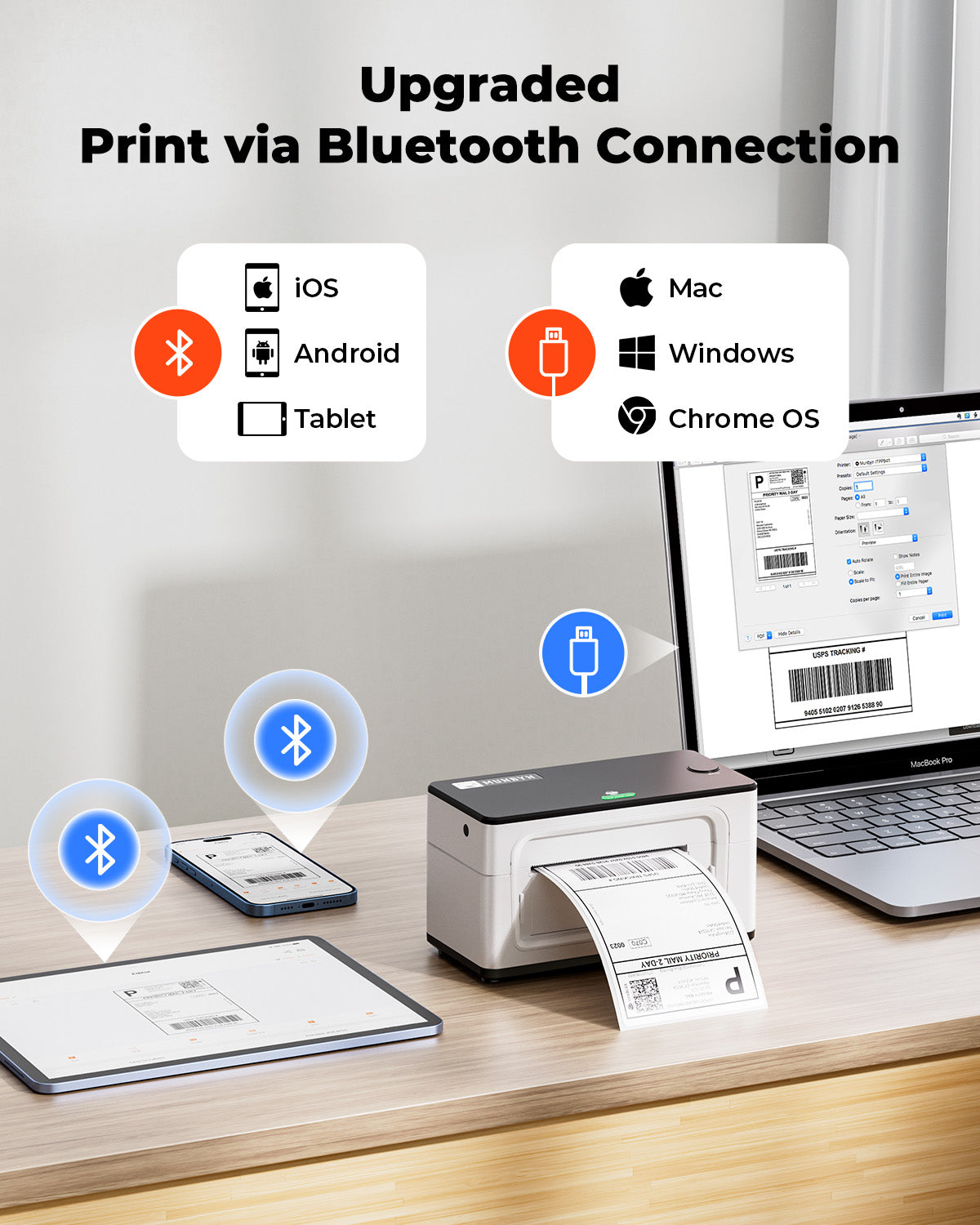 Thermal label printer printing shipping label via Bluetooth, connected to tablet, smartphone, and laptop.