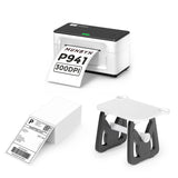 White thermal label printer kit with printed shipping label, stack of labels, and label holder