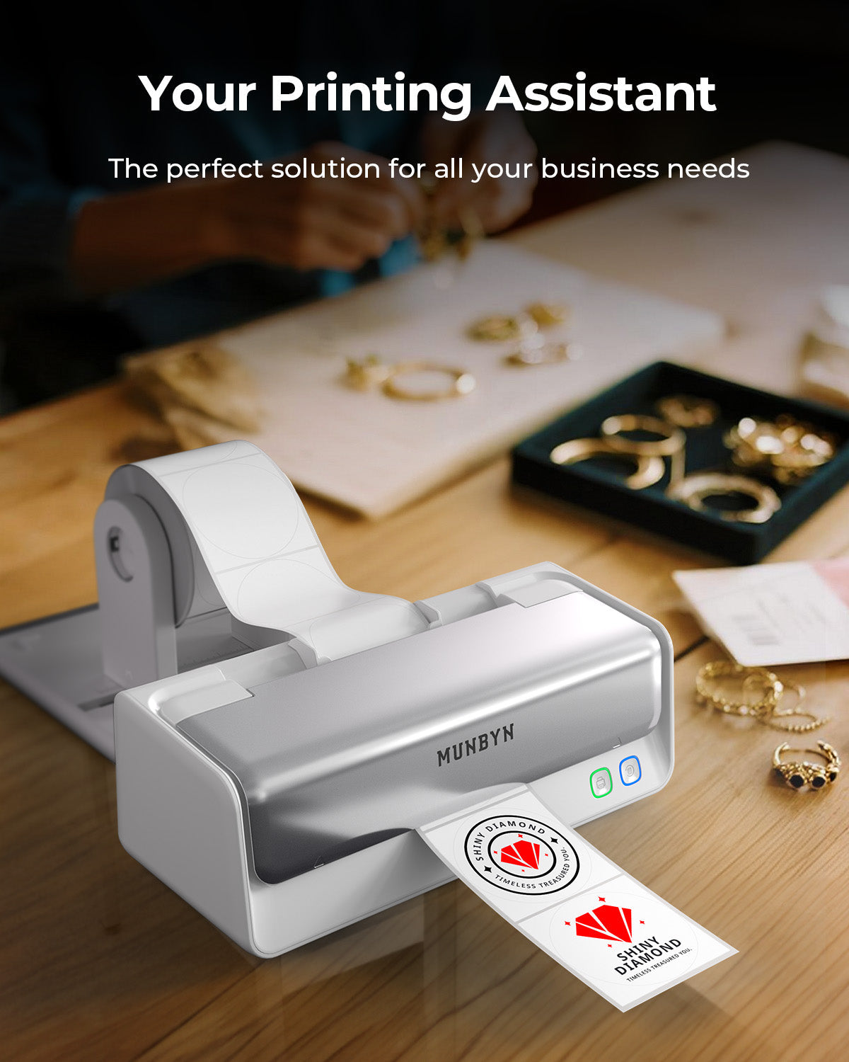 Thermal label printer printing jewelry label on wooden table with jewelry accessories