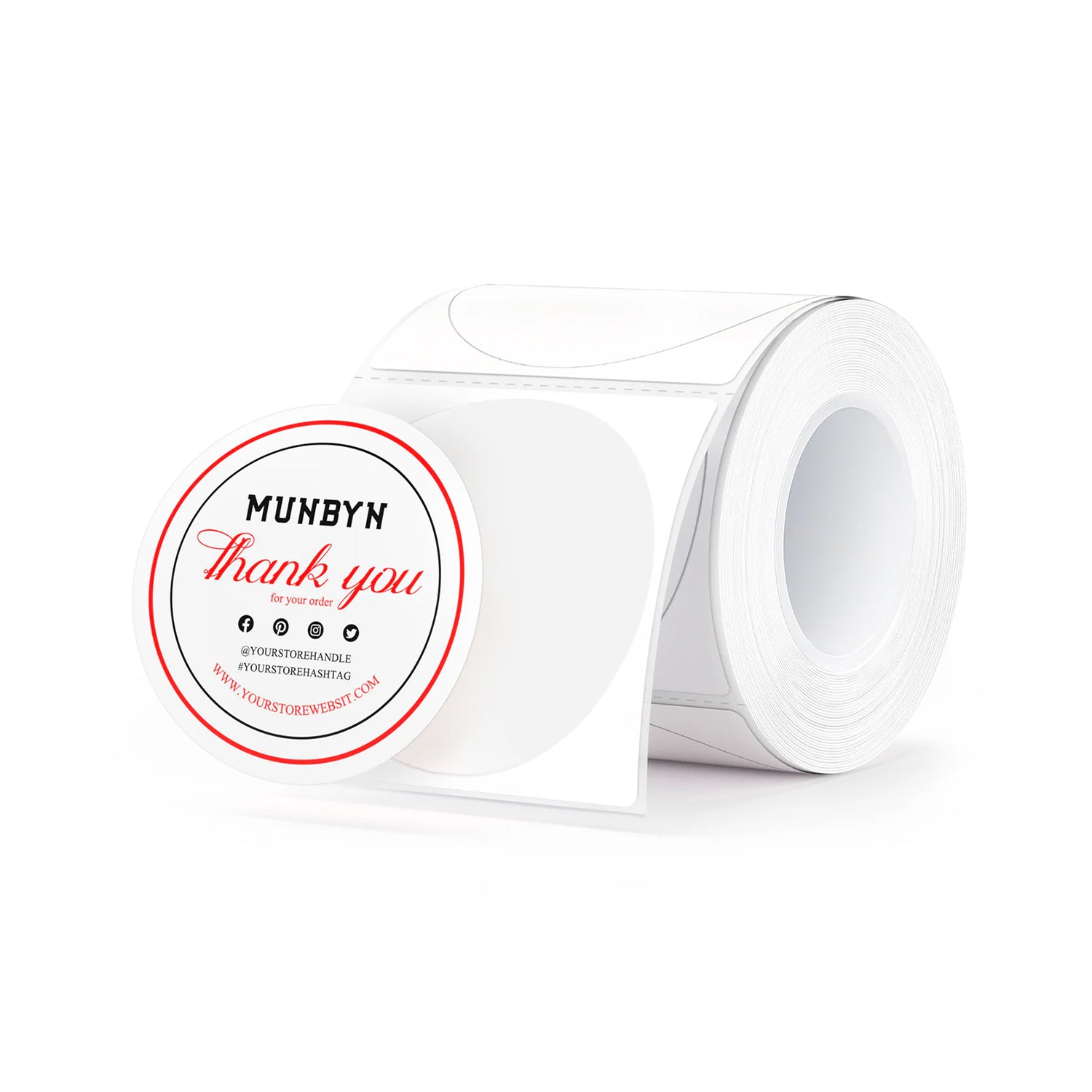 Roll of round thank you stickers for packaging and shipping, white with red and black text.