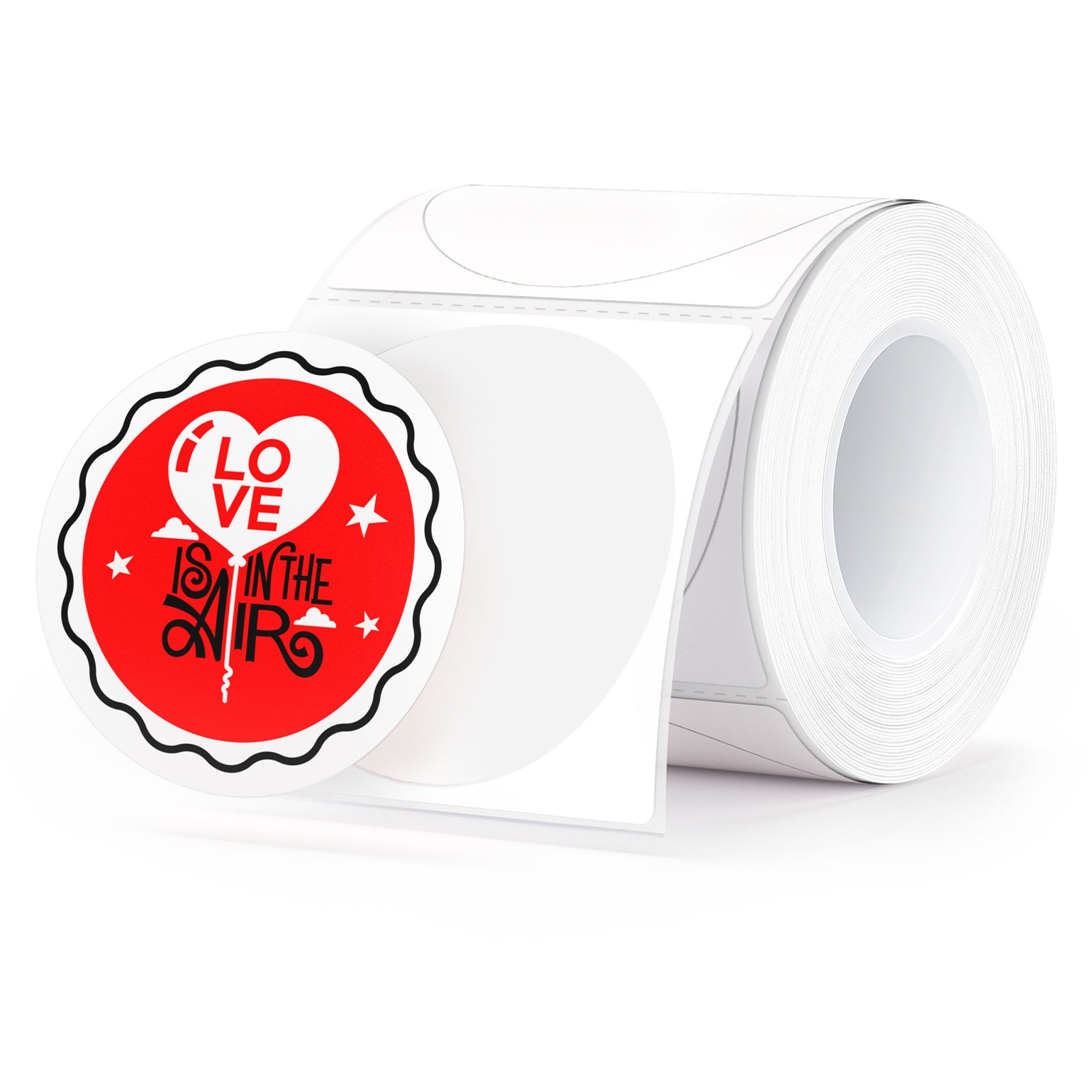 Round shipping label roll with red sticker reading 'Love is in the air' for packaging