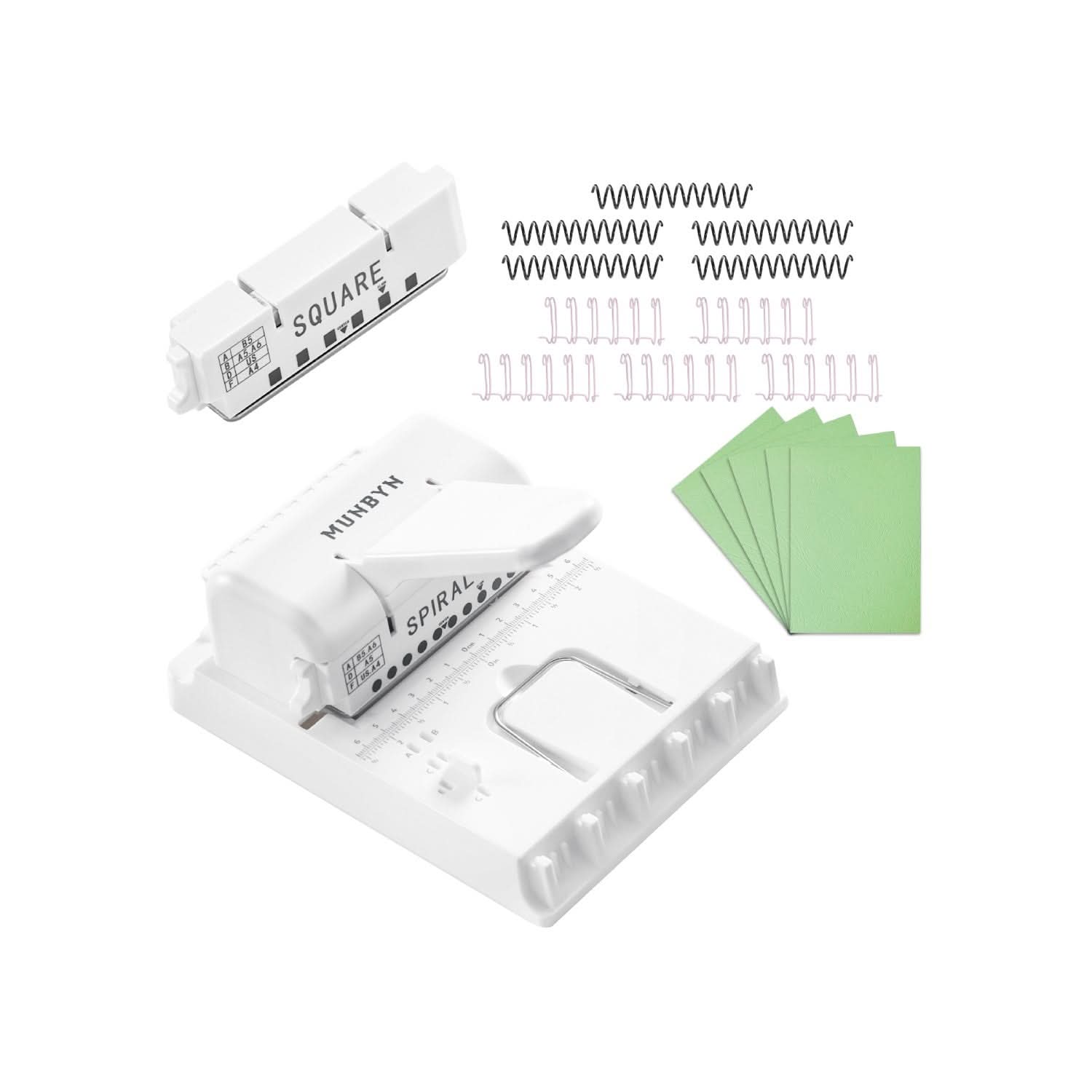 White MUNBYN FB001 multi binding machine with adjustable binding mechanisms and control panel for efficient document binding.
