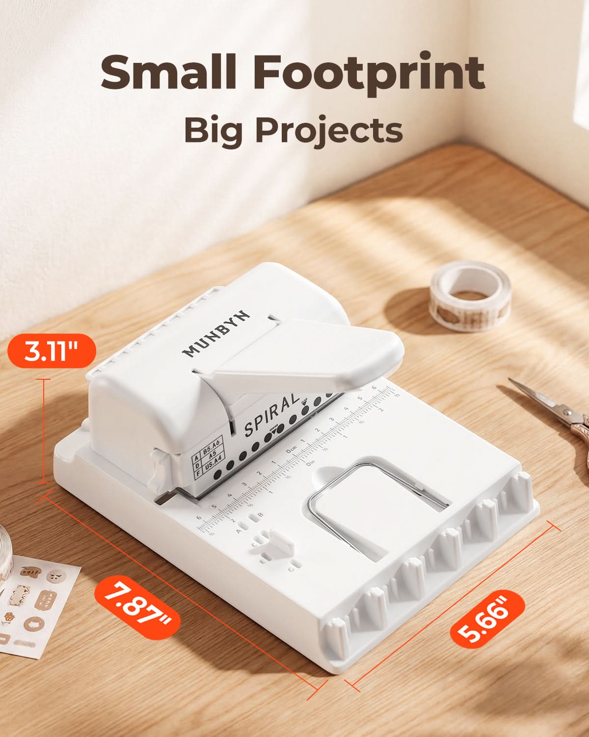 White MUNBYN FB001 multi binding machine with binding combs and paper guides, designed for efficient document binding.