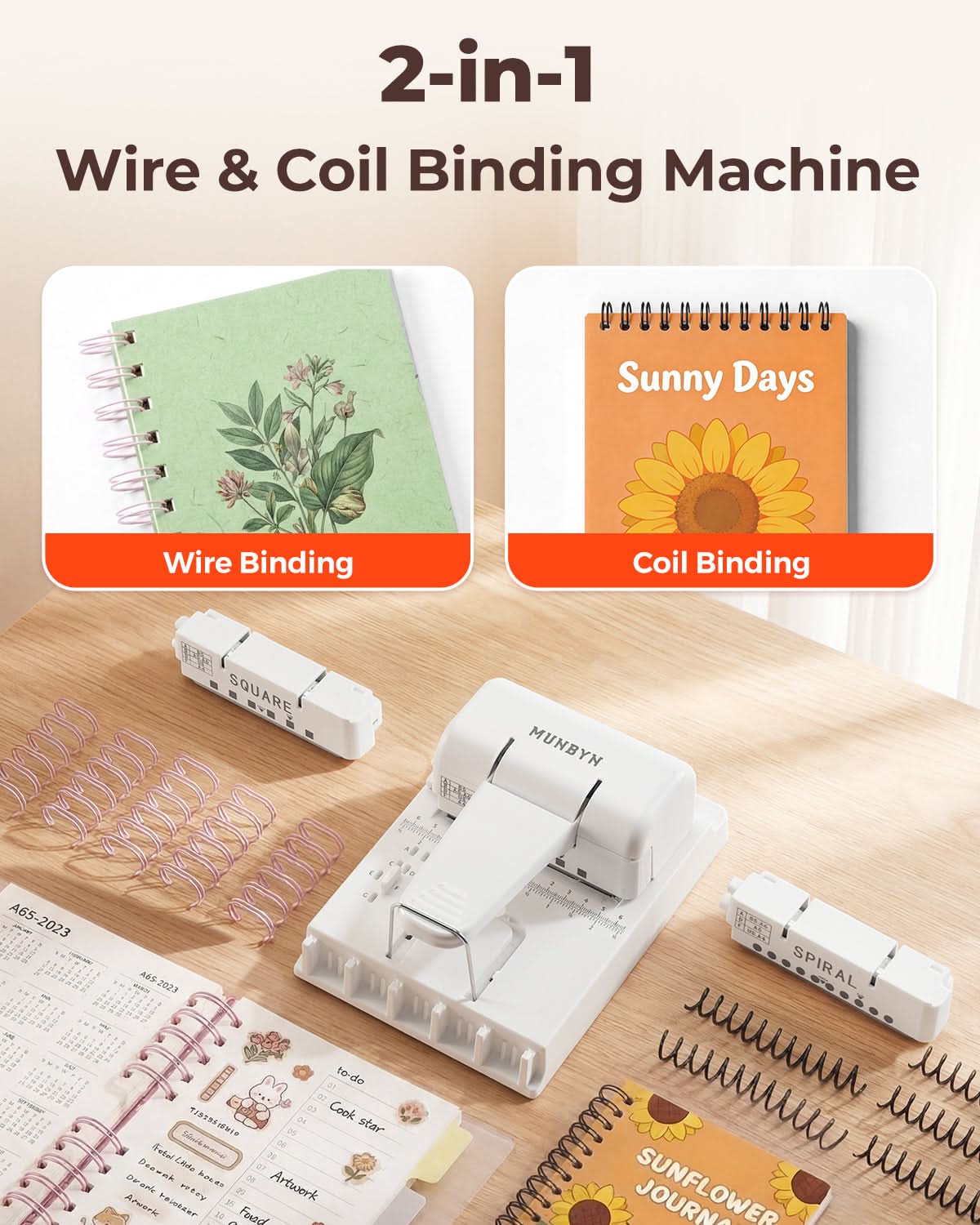 White MUNBYN FB001 multi binding machine with binding combs and paper clips for efficient document binding.