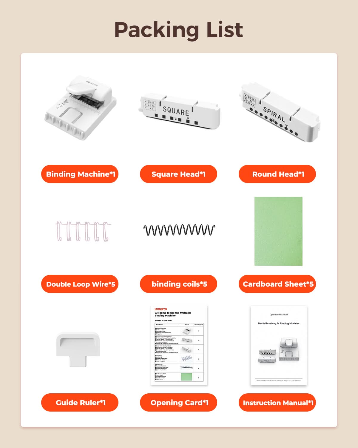 White MUNBYN FB001 multi binding machine with binding combs and paper sheets ready for binding.