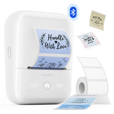 Bluetooth thermal label printer with sample printed labels and label roll