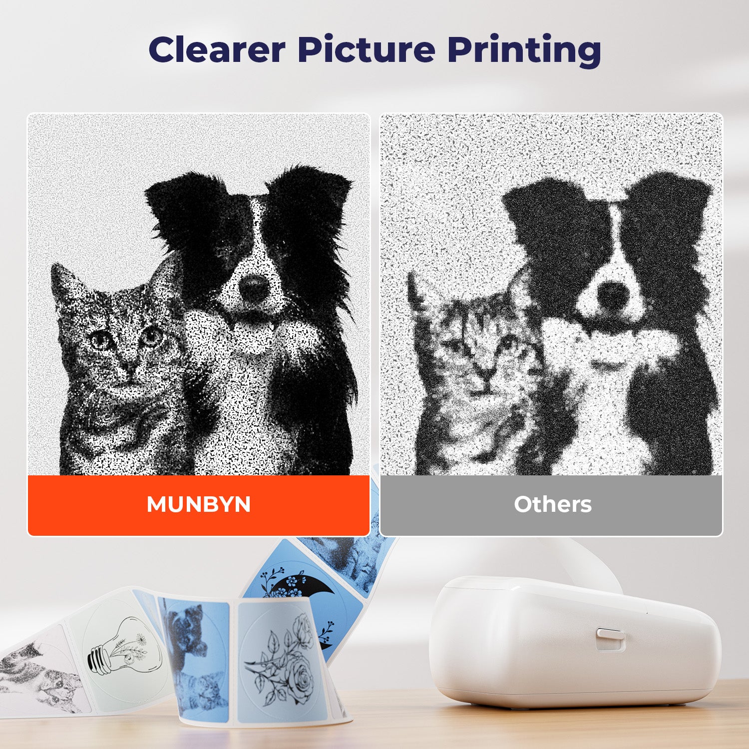 Comparison of thermal printer quality showing clear and blurry cat and dog label prints, with a white label printer and printed labels on a desk.