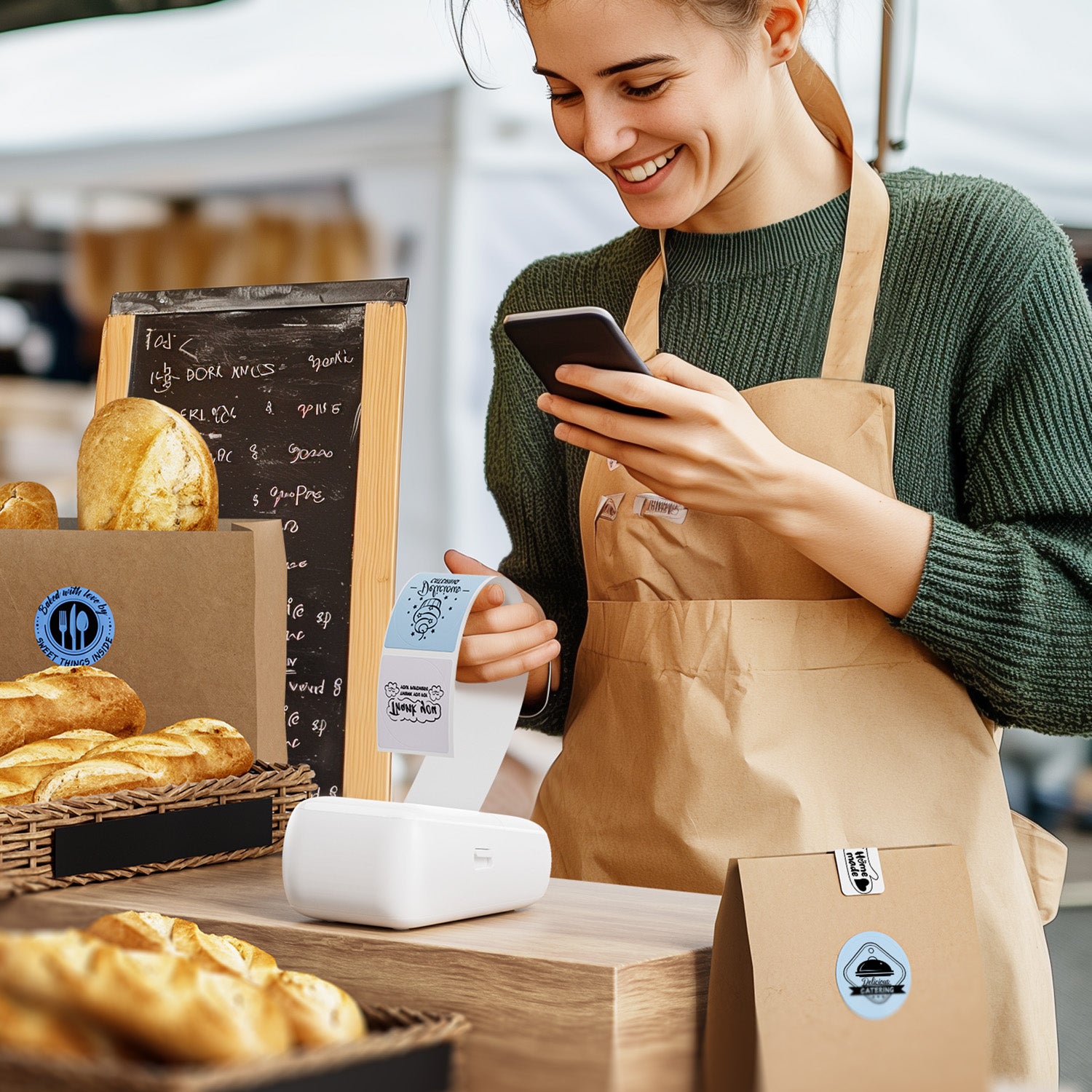 Woman printing custom bakery labels with compact thermal label printer at bakery counter