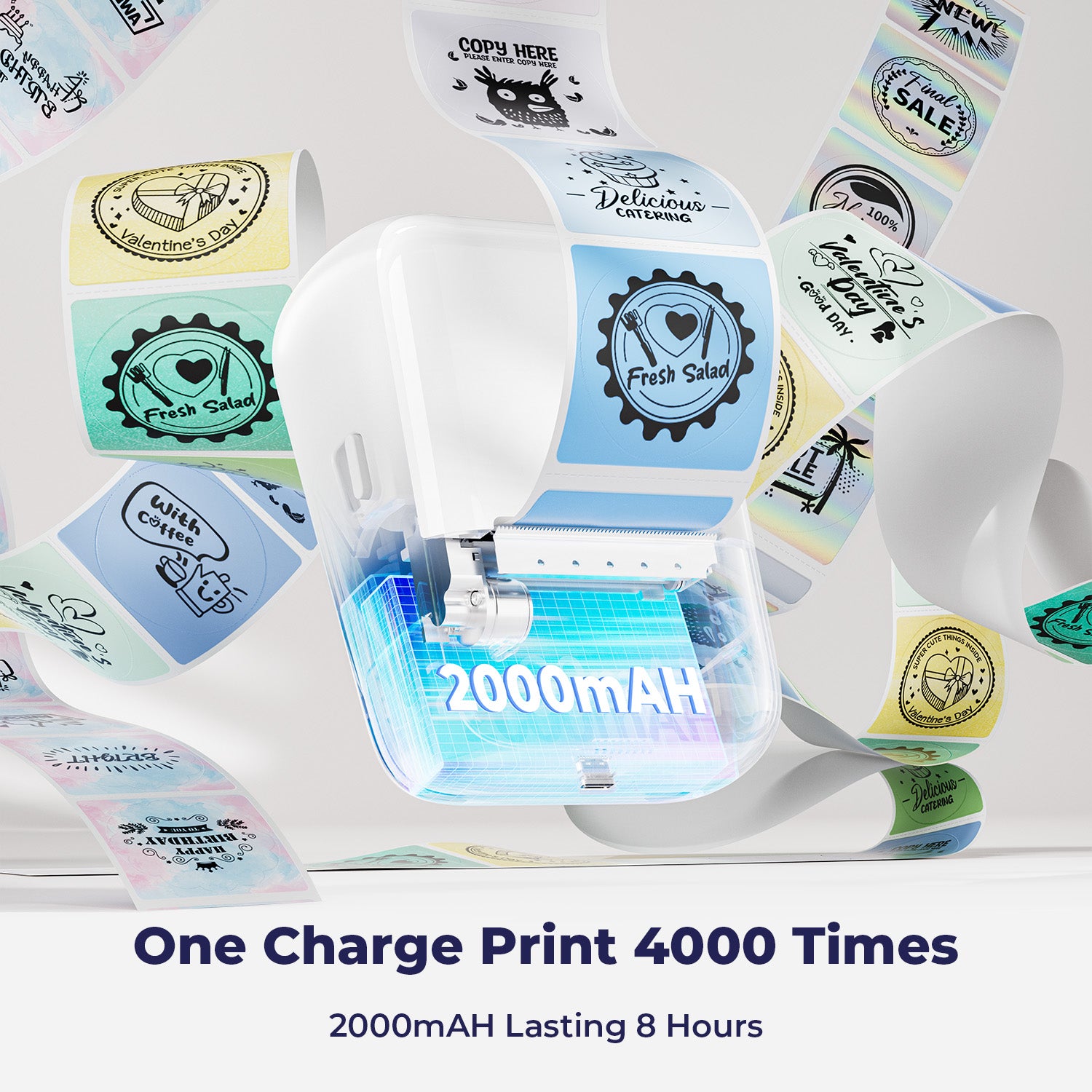 Compact thermal label printer printing colorful labels, 2000mAH battery, 4000 prints per charge