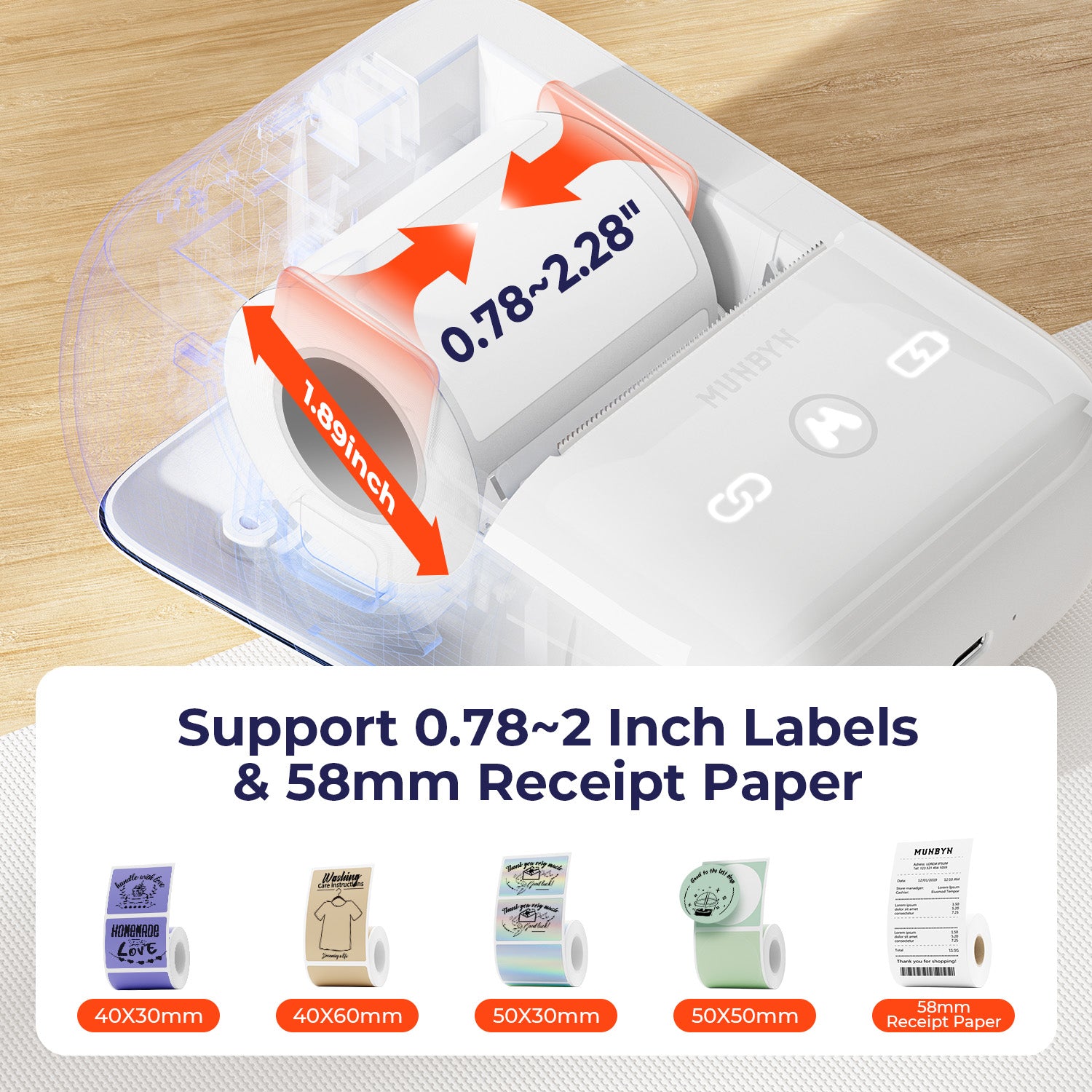 Thermal label printer showing compatible label sizes and 58mm receipt paper support.