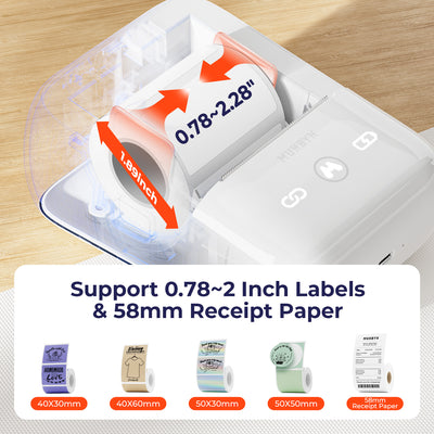 Thermal label printer showing compatible label sizes and 58mm receipt paper support.