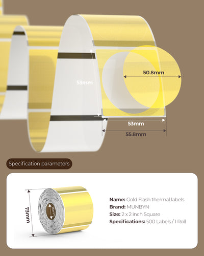 Gold glitter thermal label rolls, 2x2 inch square, 500 labels per roll, size and specs shown