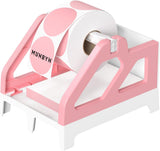 Pink and white thermal label holder with roll of round pink labels