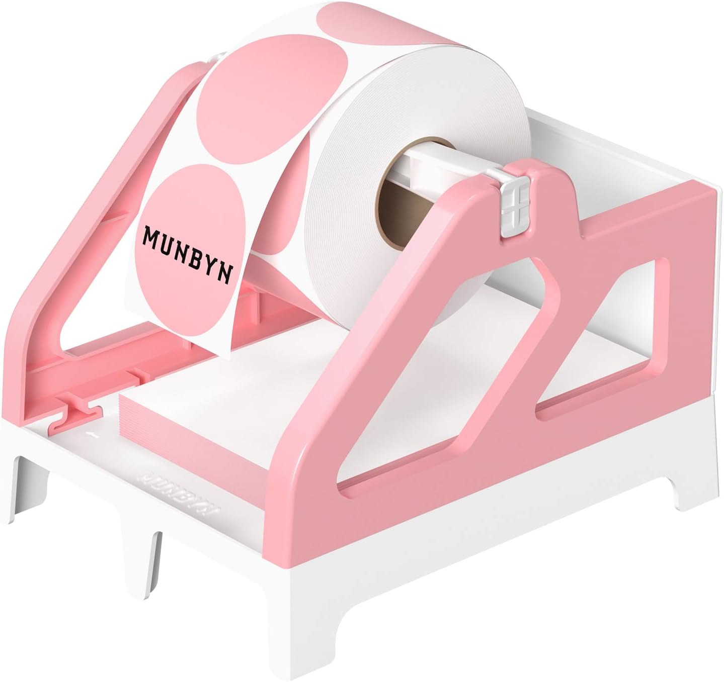 Pink and white thermal label holder with roll of round pink labels