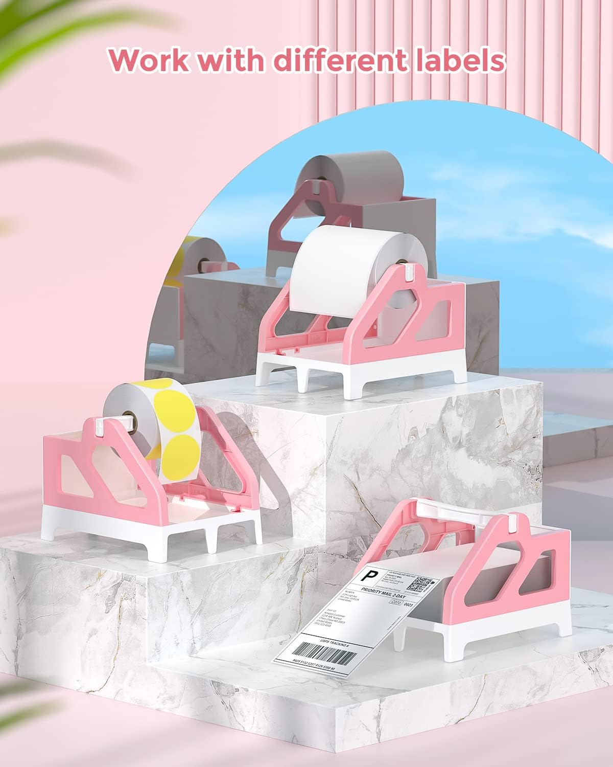 Pink and white label holders displaying various thermal label rolls and shipping labels on marble stands.