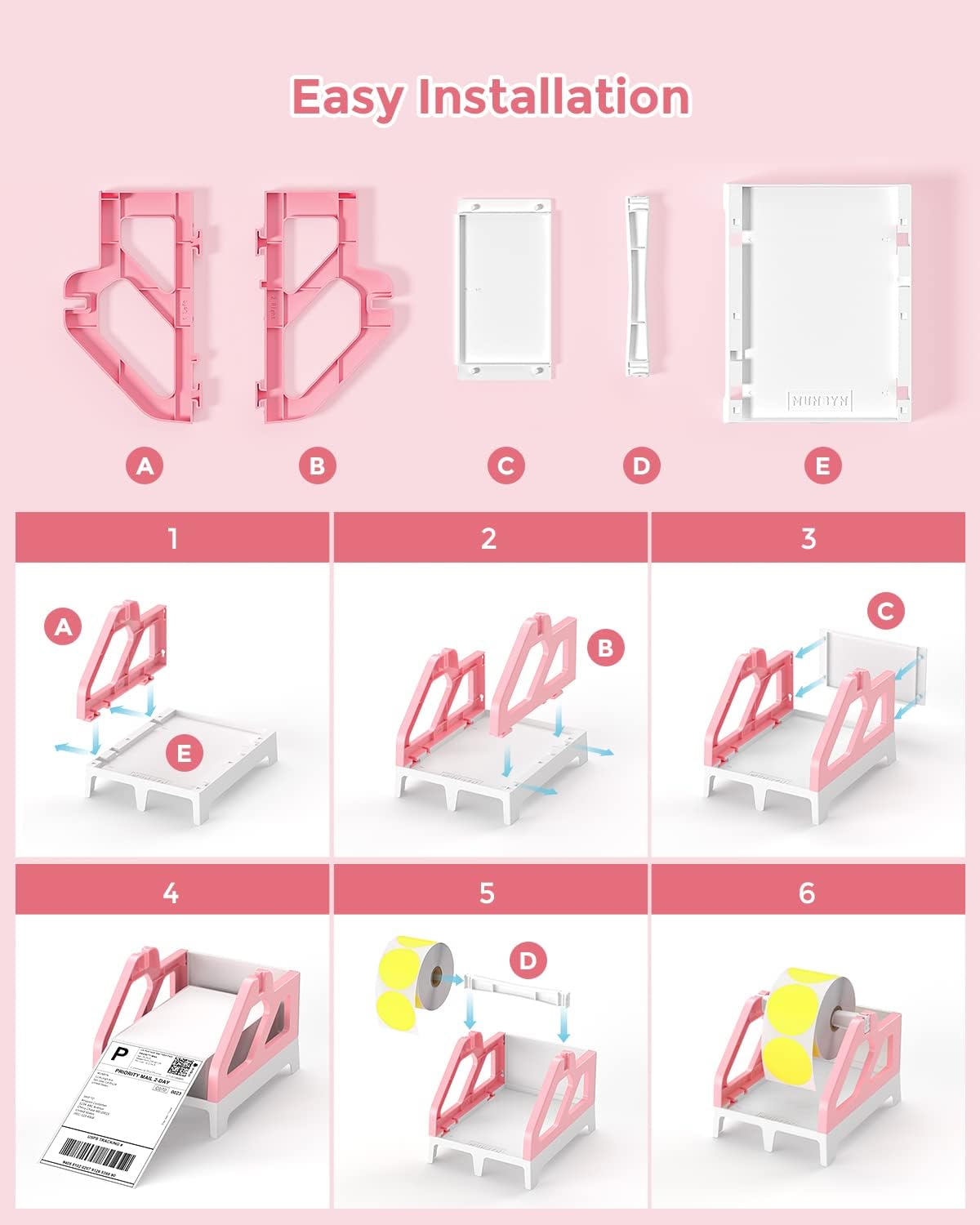Step-by-step assembly guide for a pink and white thermal label holder for printers