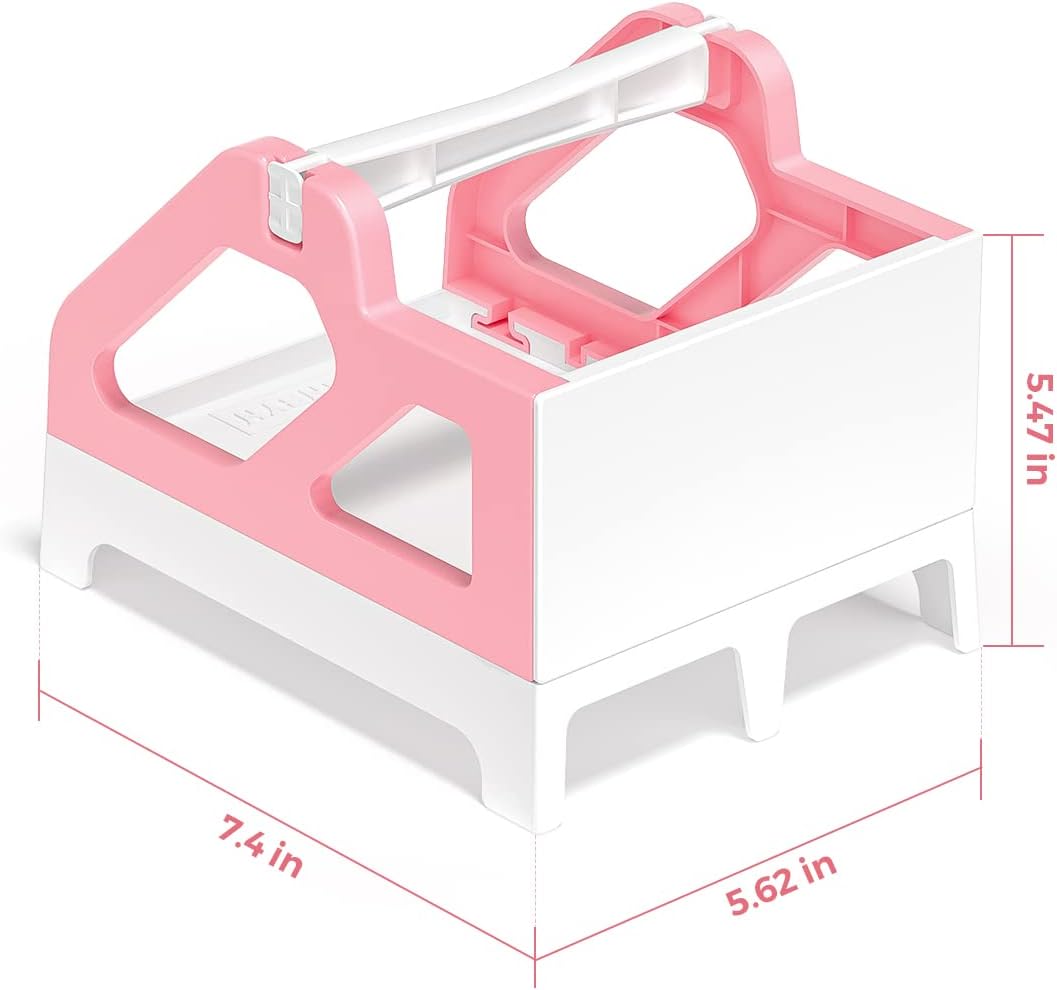 Pink and white plastic printer stand with handle, showing 7.4 x 5.62 x 5.47 inch dimensions