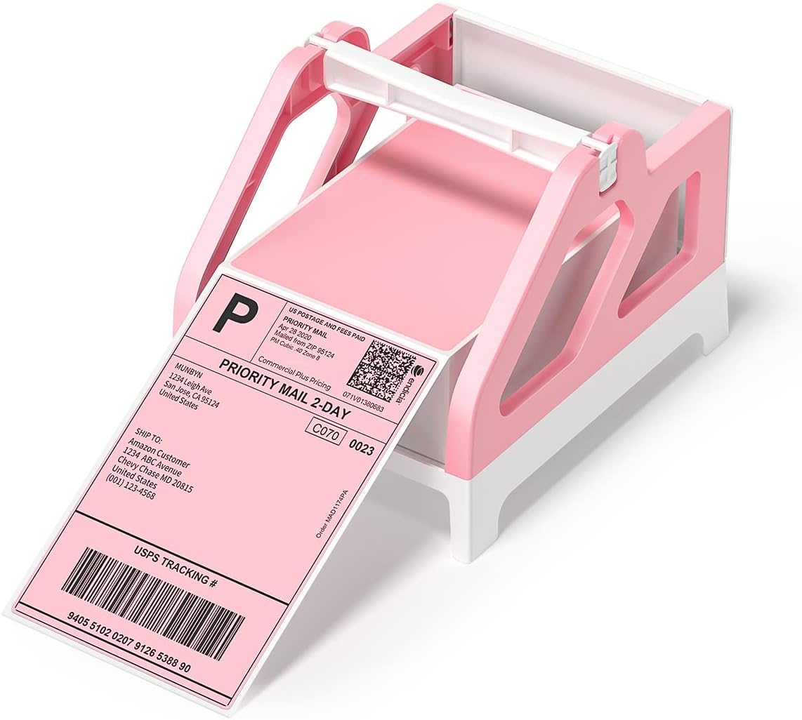 Pink and white thermal label holder with shipping label, label dispenser for packaging