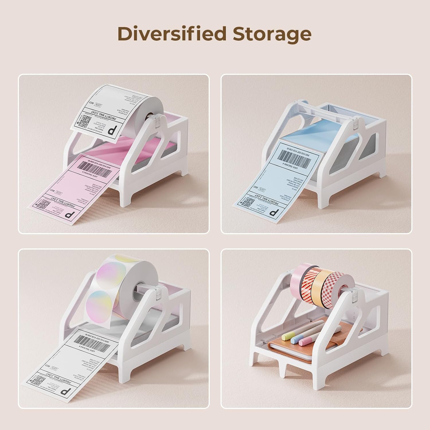 Versatile white label holder displaying various rolls for shipping labels, stickers, and tape.