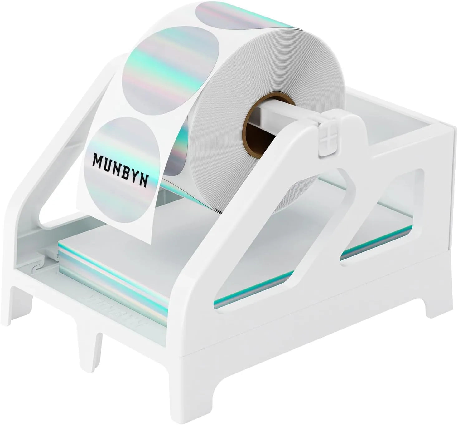 White thermal label holder with a roll of holographic circle labels