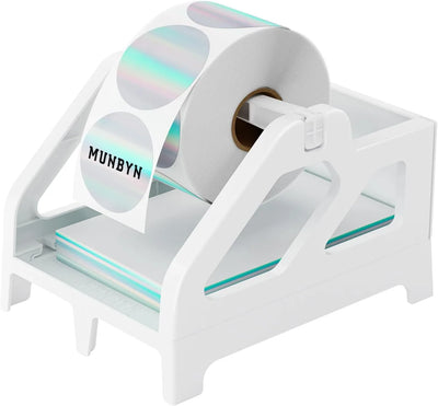 White thermal label holder with a roll of holographic circle labels