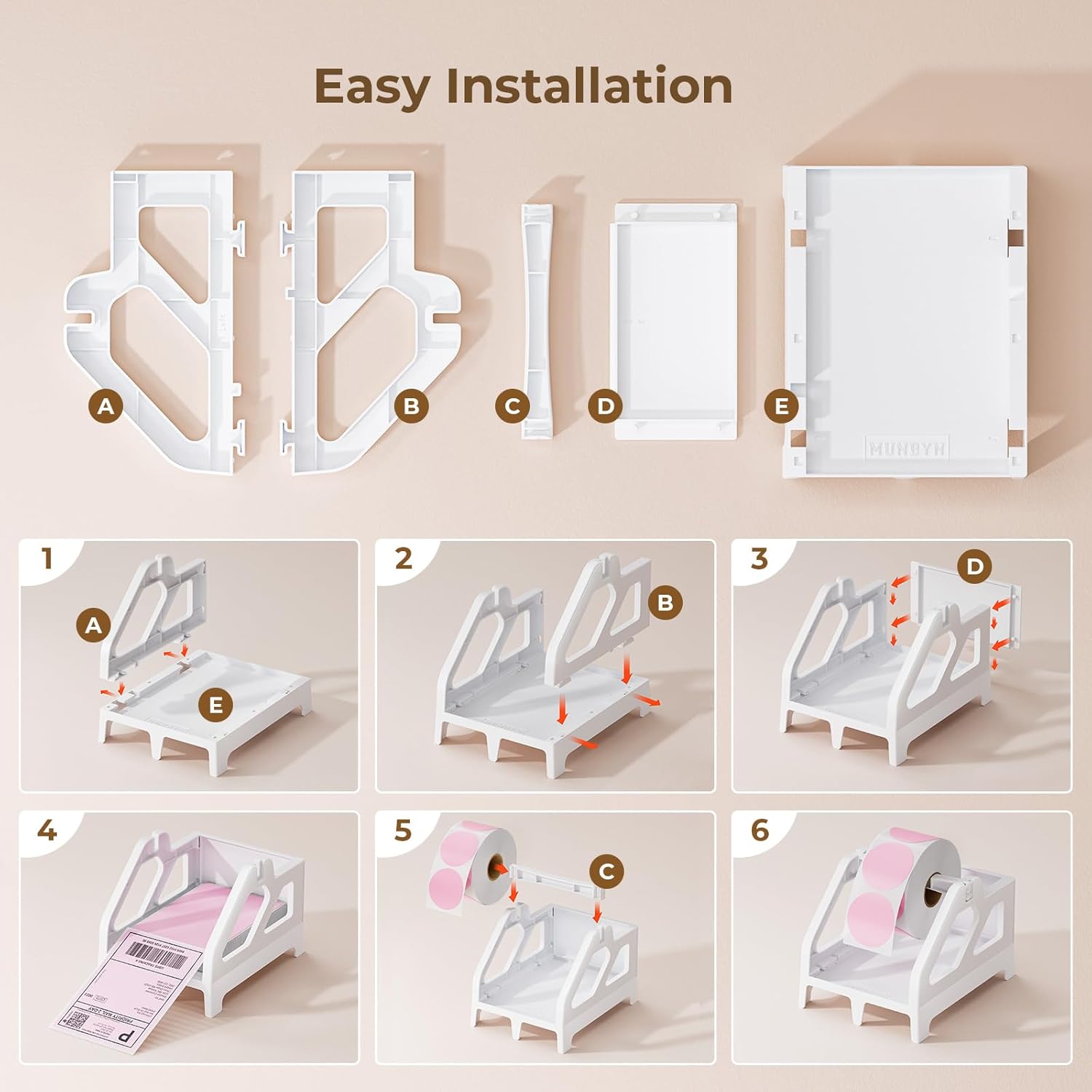 Step-by-step assembly guide for white thermal label printer holder with labeled parts.