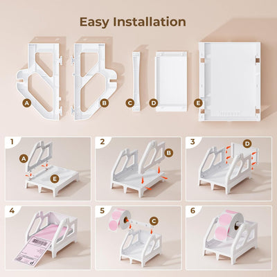 Step-by-step assembly guide for white thermal label printer holder with labeled parts.
