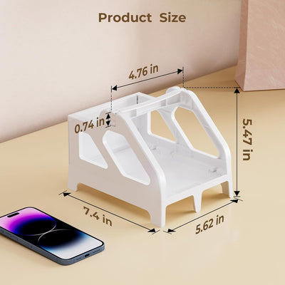 White plastic thermal label roll holder with measurement dimensions on a desk beside a smartphone.