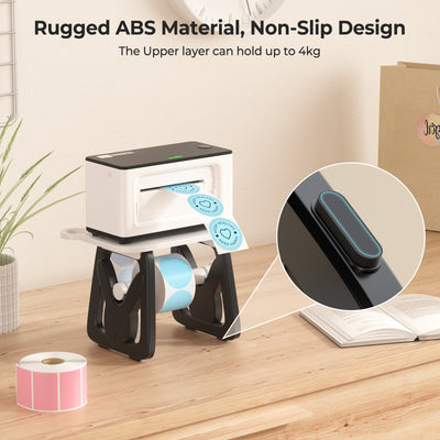 Thermal label printer with non-slip design printing blue round stickers on a wooden desk