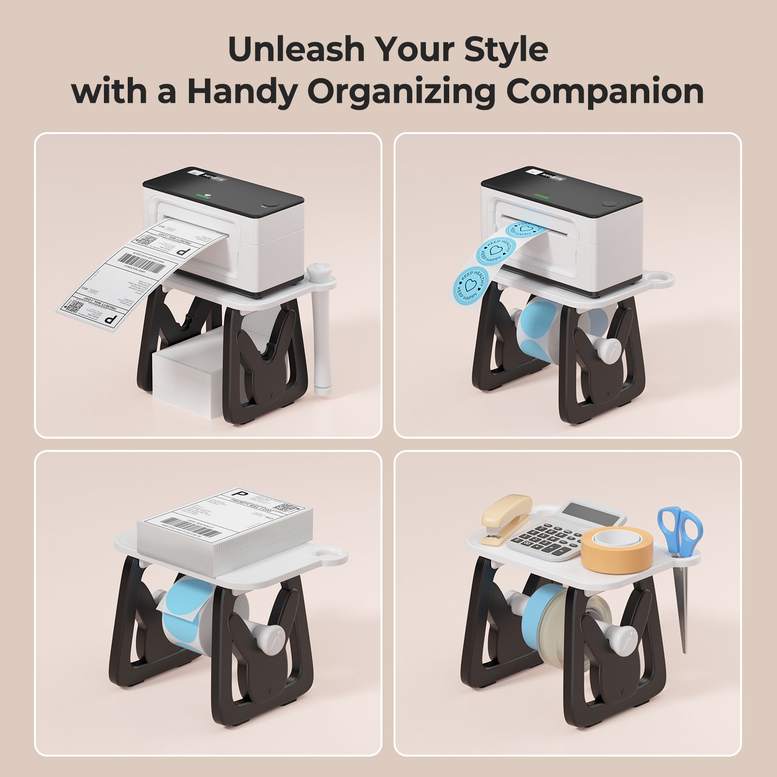 Thermal label printer organizer stand with labels, tape, and office supplies in four uses