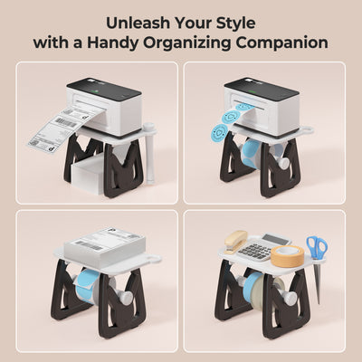 Thermal label printer organizer stand with labels, tape, and office supplies in four uses