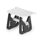 Black and white thermal label holder with stable base and roll support, isolated on white