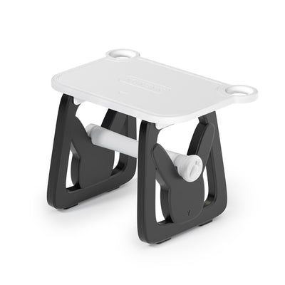 Black and white thermal label holder with stable base and roll support, isolated on white