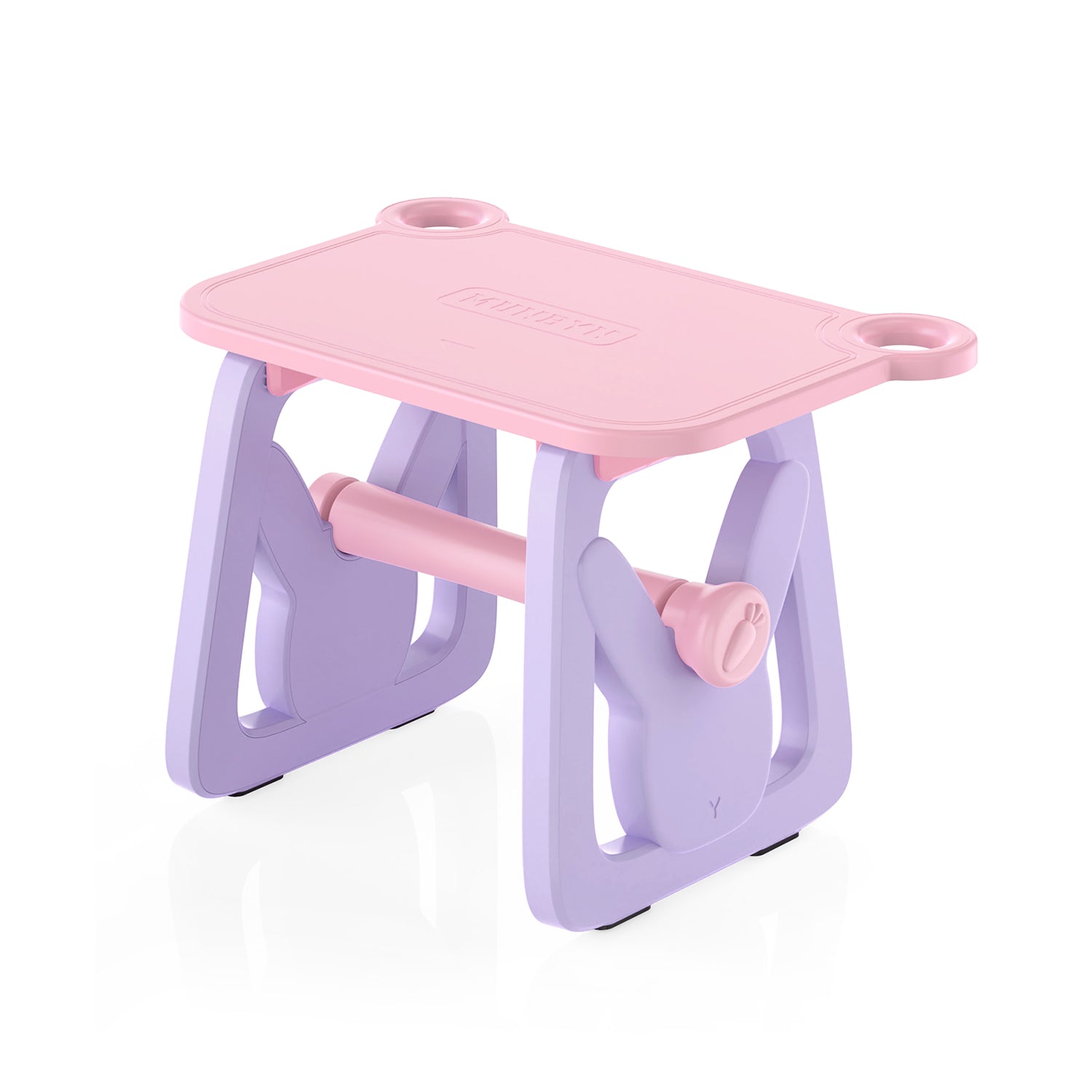 Pink and purple foldable plastic kids table with cup holders, bunny-shaped legs