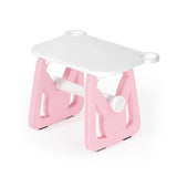 Pink and white foldable kids step stool with bunny design, two cup holders, isolated on white