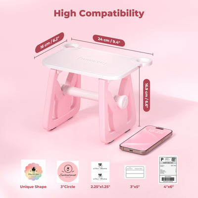 Pink and white thermal printer stand with dimensions, compatible label sizes shown.
