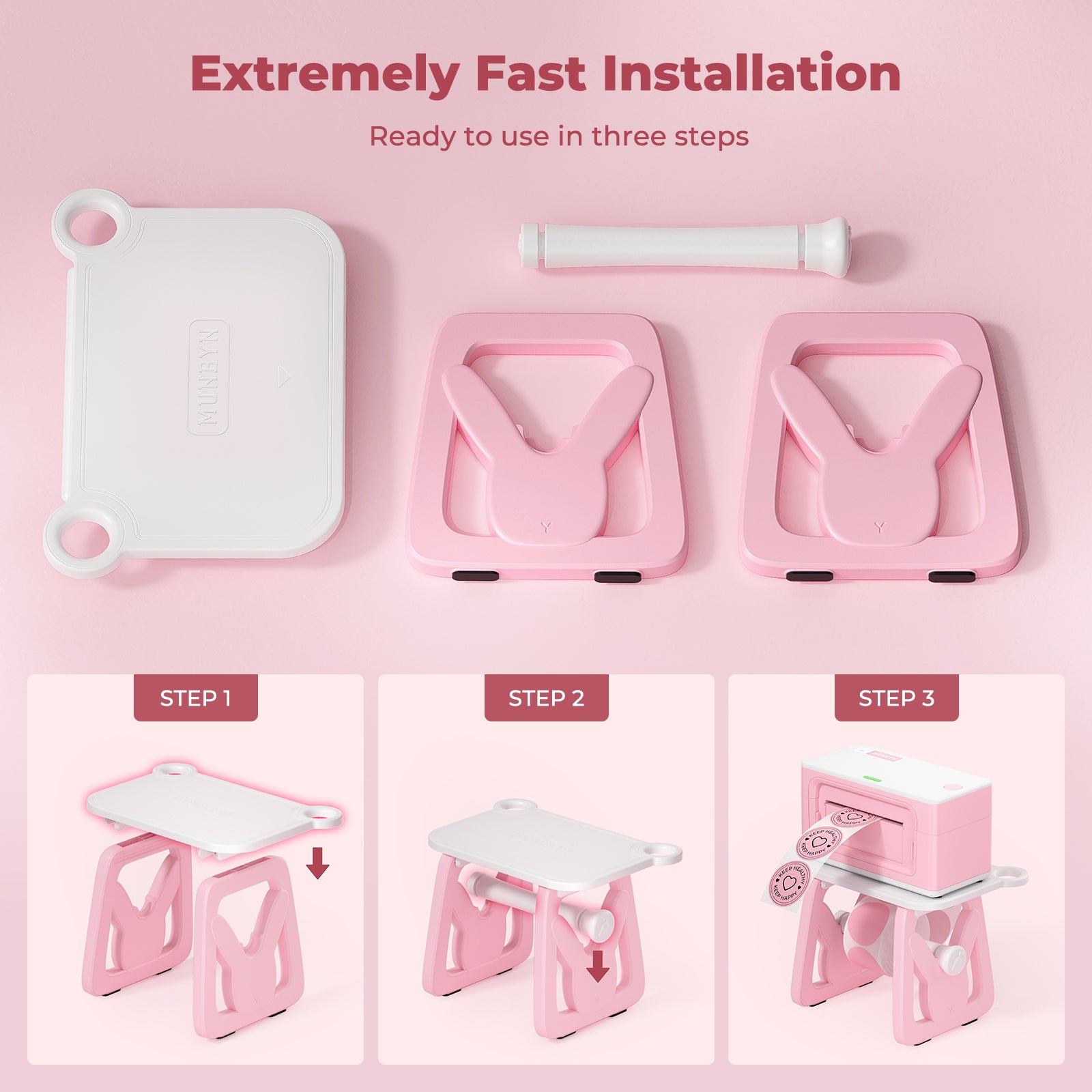 Pink and white label printer holder with bunny-shaped sides, easy three-step assembly guide