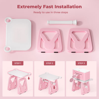 Pink and white label printer holder with bunny-shaped sides, easy three-step assembly guide