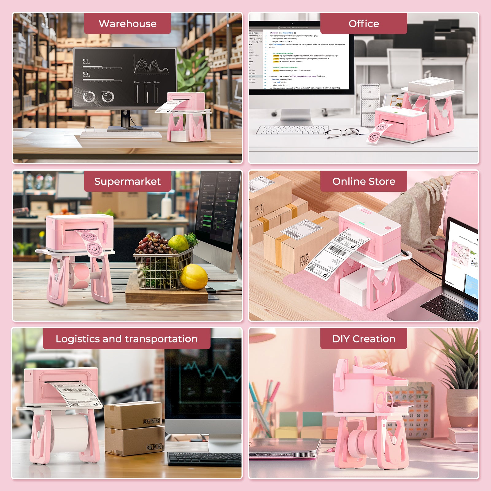 Pink thermal label printer used in warehouse, office, supermarket, online store, logistics, and DIY settings
