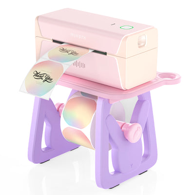 Pink and purple thermal label printer printing iridescent thank you stickers