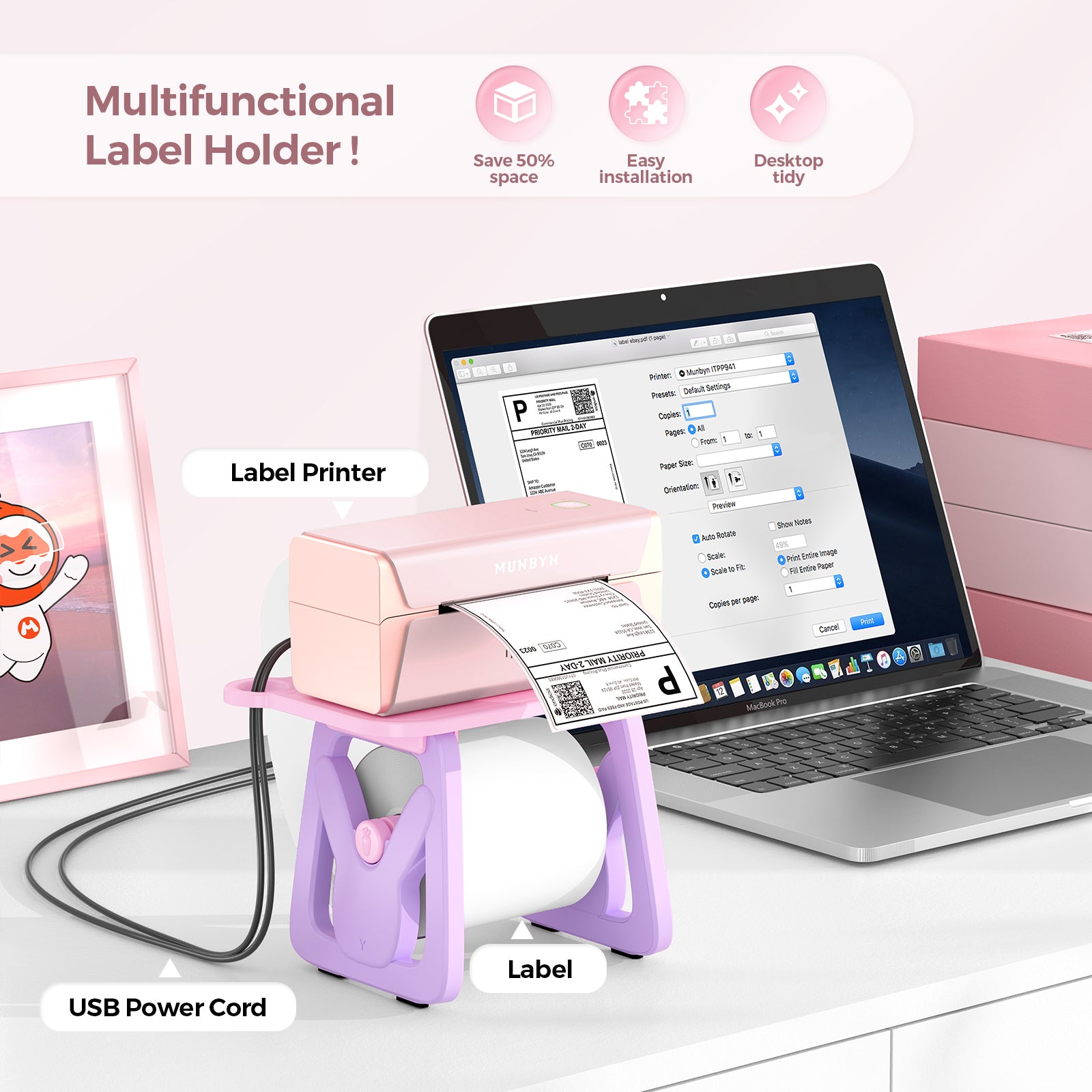 Multifunctional label holder with pink thermal printer, label roll, and laptop on a desk.
