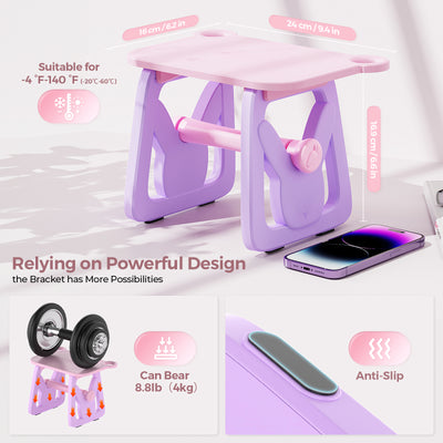 Pink and purple adjustable stand with anti-slip pads, supports up to 4kg, durable for wide temperature range.