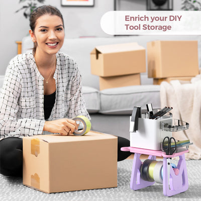 Woman packing shipping box with tape, DIY tool organizer and storage supplies in living room