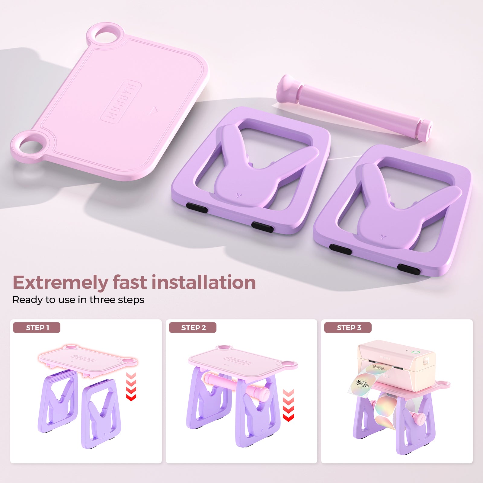 Pink and purple label printer stand assembly steps for thermal label printers