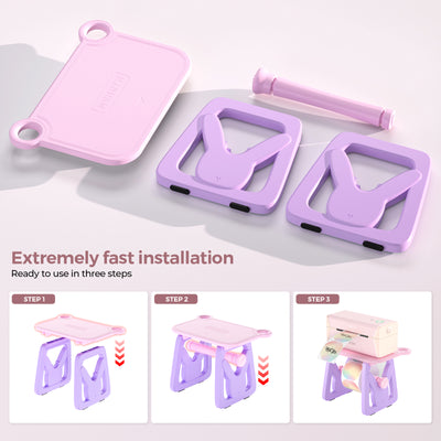 Pink and purple label printer stand assembly steps for thermal label printers